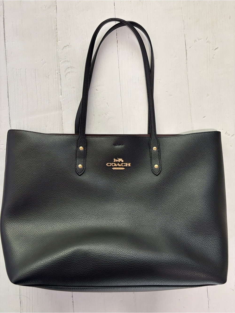 Coach Black Pebbled Leather Town Tote with Gold Logo